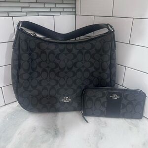 Coach Black and Gray Signature Bag and Wallet Set